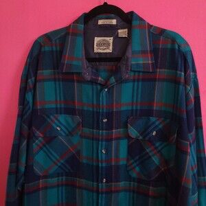 Saugatuck 3X Plaid Acrylic Flannel Shirt 3XL Blue Teal Red Vintage 90s 80s vtg